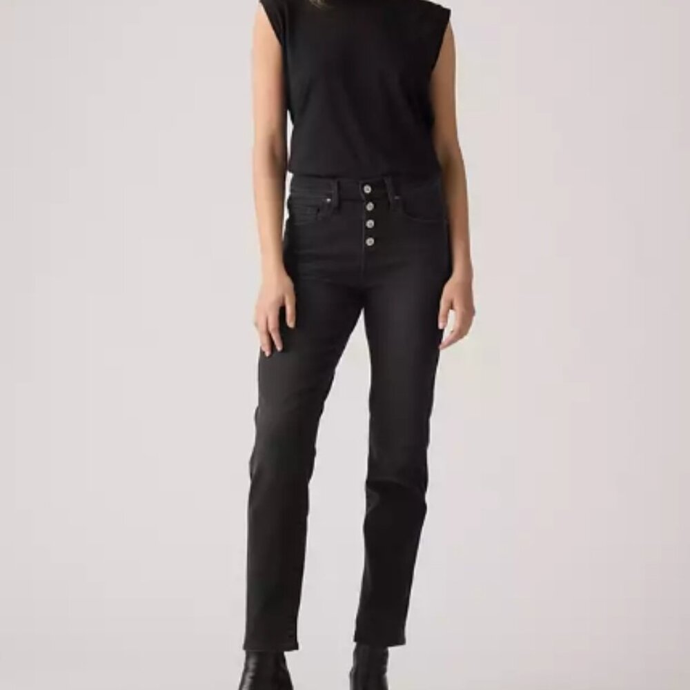 Levi's 724 high rise rhinestone button fly straight leg jeans 31 black